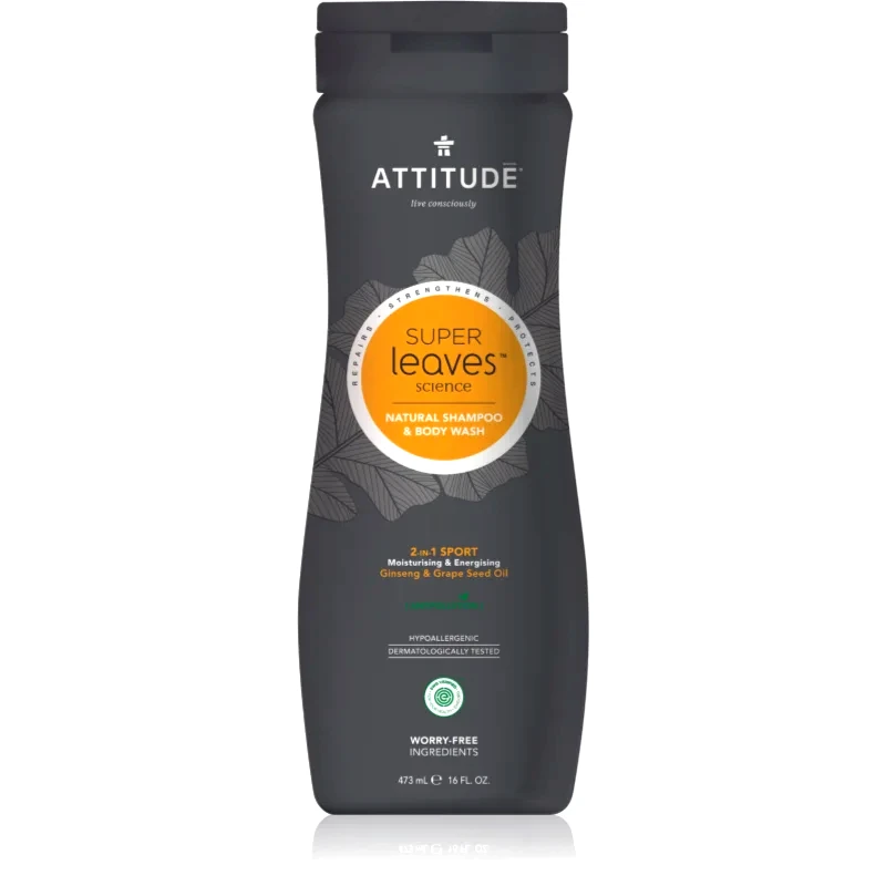 Attitude Attitude Super Leaves Sport Ginseng & Grape Seed Oil τζελ για ντους και σαμπουάν 2 σε 1 για άντρες 473 ml