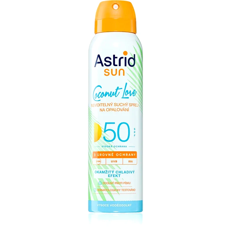 Astrid Astrid Sun Coconut Love δροσερό αόρατο αντηλιακό σπρέι SPF 50 πολύ μεγάλη προστασία απο τον ήλιο 150 ml