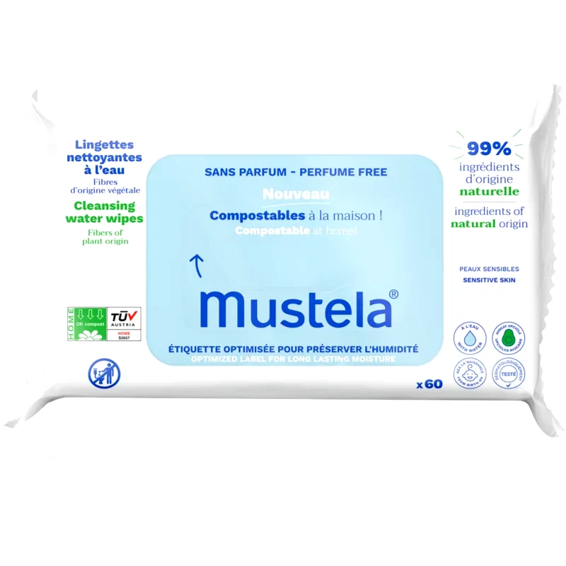 Mustela Mustela Compostable at Home Cleansing Wipes Perfume Free καθαριστικά μαντηλάκια χωρίς άρωμα για παιδιά από τη γέννηση 60 τμχ