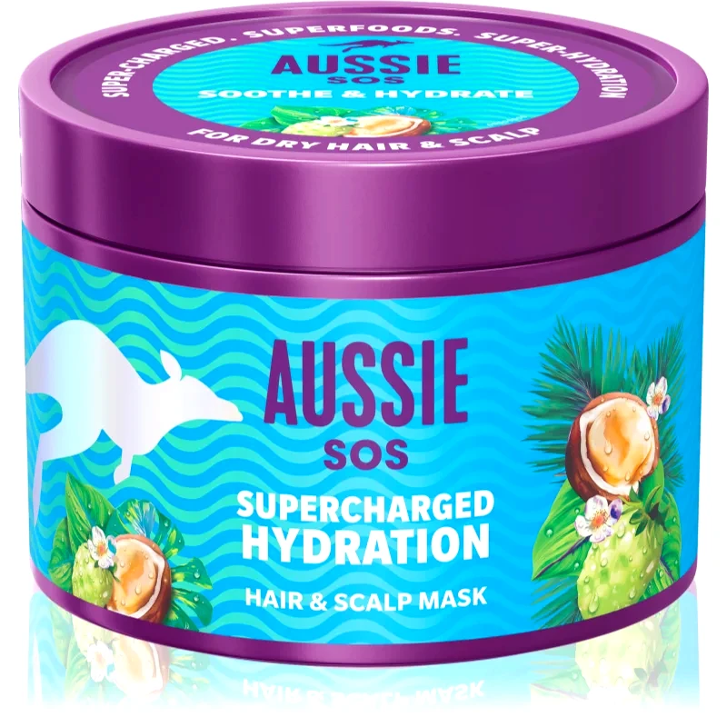Aussie Aussie SOS Supercharged Hydration καταπραϋντική ενυδατική μάσκα για μαλλιά και το δέρμα του τριχωτού της κεφαλής 500 ml