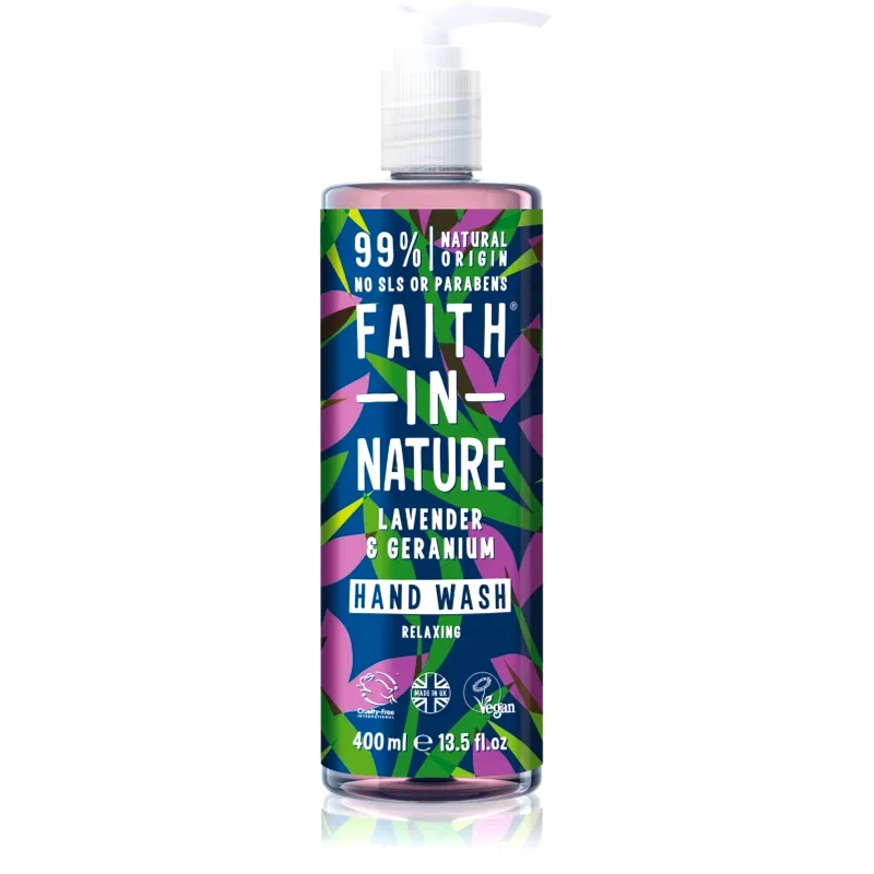 Faith In Nature Faith In Nature Lavender & Geranium φυσικό ρευστό σαπούνι για τα χέρια με άρωμα λεβάντας 400 ml