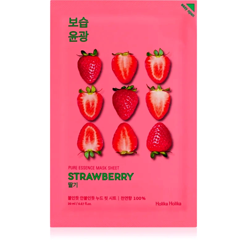 Holika Holika Holika Holika Pure Essence Strawberry λαμπρυντική υφασμάτινη μάσκα λάμψης για ομοιόμορφη απόχρωση επιδερμίδας 23 ml