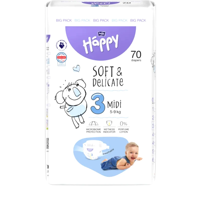 Bella Baby Happy BELLA Baby Happy Soft&Delicate Size 3 MIdi πάνες μίας χρήσης 5-9 kg 70 τμχ