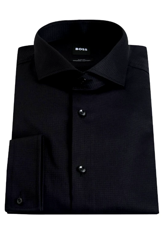 BOSS BOSS ΠΟΥΚΑΜΙΣΟ SLIM FIT ΜΑΝΙΚΕΤΟΚΟΥΜΠΟ H-Hank-Spread-CV-244 ΜΑΥΡΟ