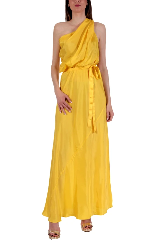 PINKO PINKO ΦΟΡΕΜΑ ΜΑΚΡΥ AGAVE ABITO ONE SHOULDER ΣΟΥΡΑ ΜΕΣΗ ΑΝΟΙΓΜΑ ΠΛΑΪ ΚΙΤΡΙΝΟ