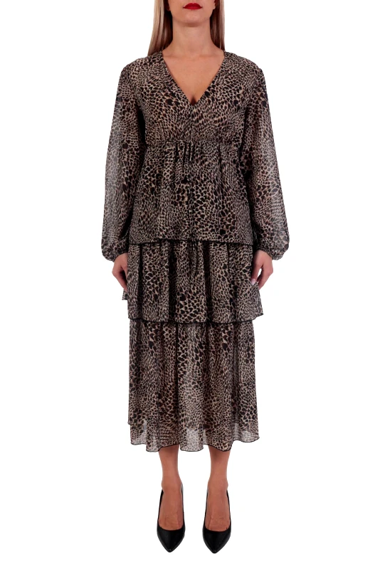 RELISH RELISH ΦΟΡΕΜΑ OREN ABITO ANIMAL PRINT V-NECK ΒΟΛΑΝ ΚΑΦΕ