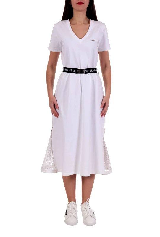 LIU-JO LIU -JO SPORT ΦΟΡΕΜΑ ABITO FELPA V-NECK ΖΩΝΗ LOGO ΑΝΟΙΓΜΑΤΑ ΔΙΧΤΥ ΠΛΑΪ ΛΕΥΚΟ