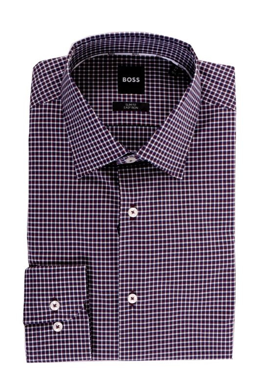 BOSS BOSS ΠΟΥΚΑΜΙΣΟ ΜΙΚΡΟΣΧΕΔΙΟ SLIM FIT EASY IRON STRETCH H-HANK-KENT-C1-214 ΜΠΟΡΝΤΩ