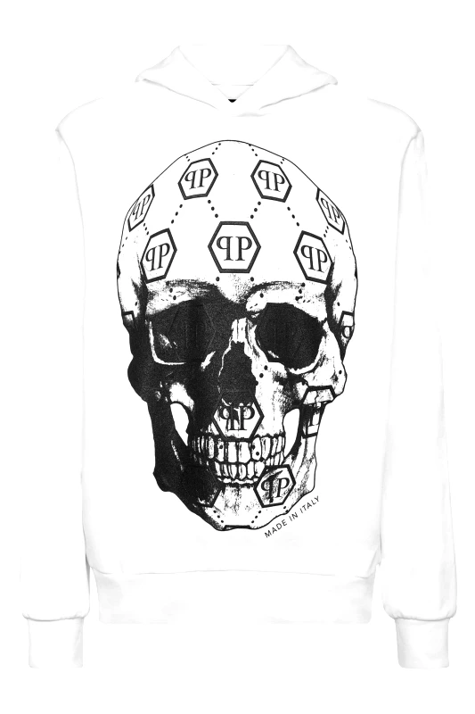 PHILIPP PLEIN PHILIPP PLEIN ΦΟΥΤΕΡ HOODIE SWEATSHIRT SKULL ALL OVER LOGO ΛΕΥΚΟ-ΜΑΥΡΟ