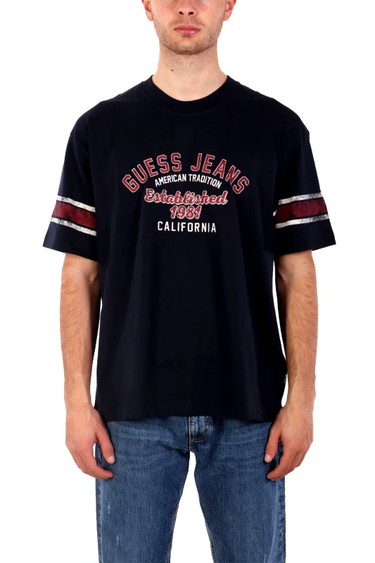 GUESS JEANS GUESS JEANS T-SHIRT CREWNECK OVERSIZED FIT LOGO ΜΠΛΕ
