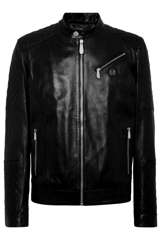 PHILIPP PLEIN PHILIPP PLEIN ΜΠΟΥΦΑΝ ΔΕΡΜΑΤΙΝΟ PADDED LEATHER MOTO BOMBER LOGO ΜΕΤΑΛΛΙΚΟ ΜΑΥΡΟ