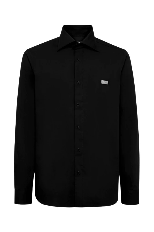 PHILIPP PLEIN PHILIPP PLEIN ΠΟΥΚΑΜΙΣΟ SUGAR DADDY CUT LS REGULAR FIT LOGO ΜΕΤΑΛΛΙΚΟ ΜΑΥΡΟ