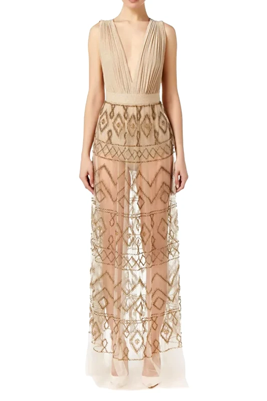 ELISABETTA FRANCHI ELISABEΤΤA FRANCHI RED CARPET ΦΟΡΕΜΑ MAXI LUREX ΔΙΑΦΑΝΕΙΑ ΠΛΙΣΕ ΧΑΝΤΡΕΣ ΧΡΥΣΟ