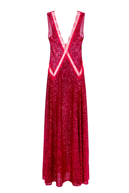 ELISABETTA FRANCHI ELISABEΤΤA FRANCHI RED CARPET ΦΟΡΕΜΑ MAXI V-NECK ΔΑΝΤΕΛΑ ΠΑΓΙΕΤΑ ΦΟΥΞΙΑ