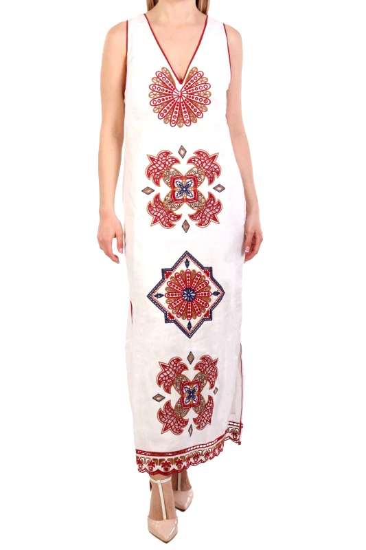FARM RIO FARM RIO ΦΟΡΕΜΑ MIDI MARYS TILES RICHILIEU V-NECK ΑΝΟΙΓΜΑ ΚΑΤΩ ΚΕΝΤΗΜΑ ΕΚΡΟΥ