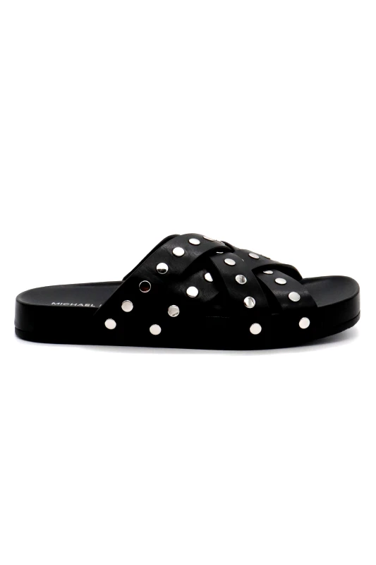 MICHAEL KORS MICHAEL KORS ΠΑΠΟΥΤΣΙΑ ΠΑΝΤΟΦΛΕΣ IRENE FLAT SANDAL METAΛΛΙΚΑ ΤΡΟΥΞ LOGO ΜΑΥΡΟ