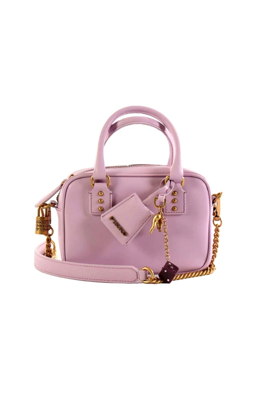 PINKO PINKO ΤΣΑΝΤΑΚΙ BOWLING BAG MINI VITELLO SETA LOGO ΖΑΡΙ ΛΙΛΑ