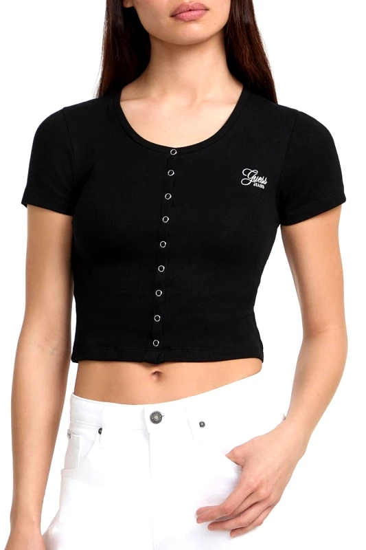GUESS JEANS GUESS JEANS CROP TOP ΜΕ ΚΟΥΜΠΙΑ ΡΙΠ LOGO ΜΑΥΡΟ