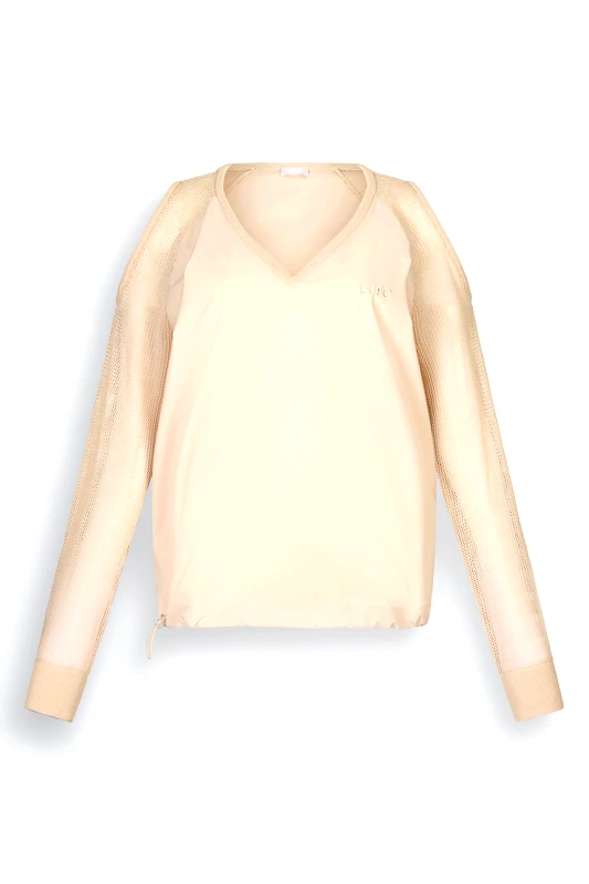 LIU-JO LIU-JO ΜΠΛΟΥΖΑ ΠΛΕΚΤΟ ΜΑΝΙΚΙ V-NECK ΛΑΣΤΙΧΟ ΚΑΤΩ LOGO ΜΠΕΖ