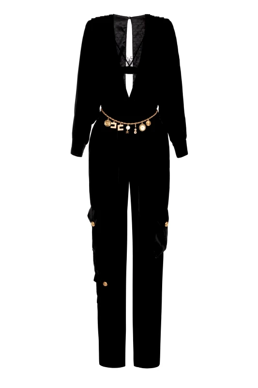 ELISABETTA FRANCHI ELISABETTA FRANCHI ΟΛΟΣΩΜΗ ΦΟΡΜΑ CARGO ΒΕΛΟΥΔΟ ΑΠΟΣΠΩΜΕΝΗ ΔΑΝΤΕΛΑ ΜΕΤΑΛΛΙΚΕΣ ΛΕΠΤΟΜΕΡΕΙΕΣ ΜΑΥΡΟ