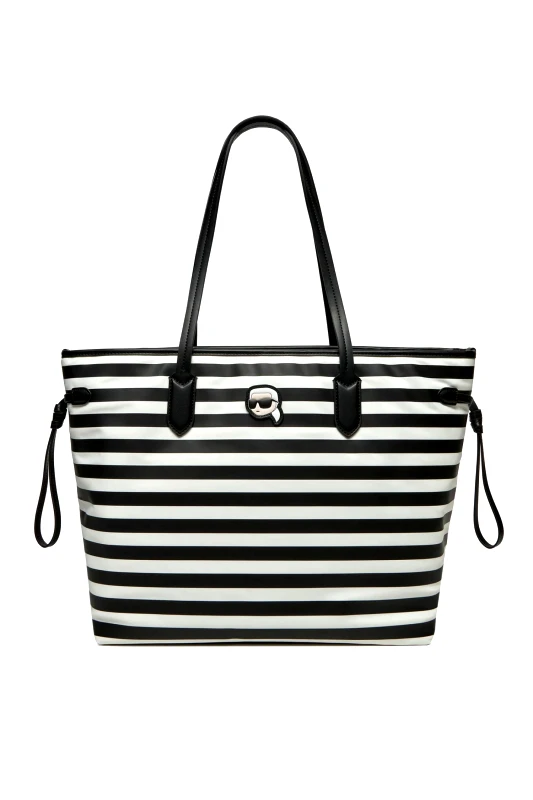 KARL LAGERFELD KARL LAGERFELD ΤΣΑΝΤΑ ΧΕΙΡΟΣ/ΩΜΟΥ IKON NYLON TOTE LOGO ΡΙΓΕ ΜΑΥΡΟ-ΛΕΥΚΟ