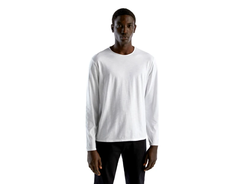 United Colors of Benetton Benetton, T-shirt Μακρυμάνικο Από 100% Βαμβακερό, size M, Λευκο, Ανδρικά