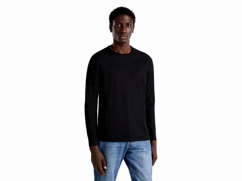 United Colors of Benetton Benetton, T-shirt Μακρυμάνικο Από 100% Βαμβακερό, size M, Μαυρο, Ανδρικά