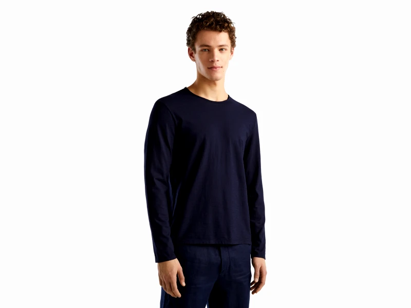 United Colors of Benetton Benetton, T-shirt Μακρυμάνικο Από 100% Βαμβακερό, size XL, Σκουρο Μπλε, Ανδρικά