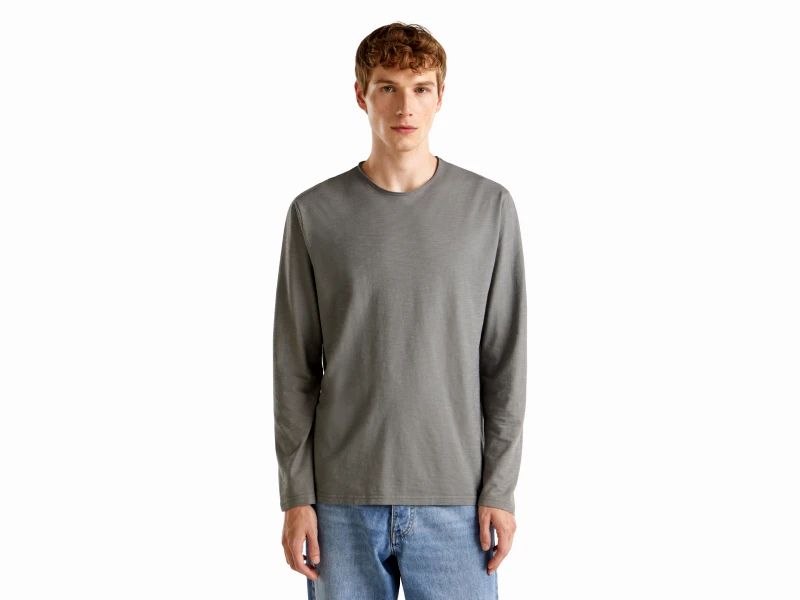 United Colors of Benetton Benetton, T-shirt Μακρυμάνικο Από 100% Βαμβακερό, size XXL, Σκουρο Γκρι, Ανδρικά