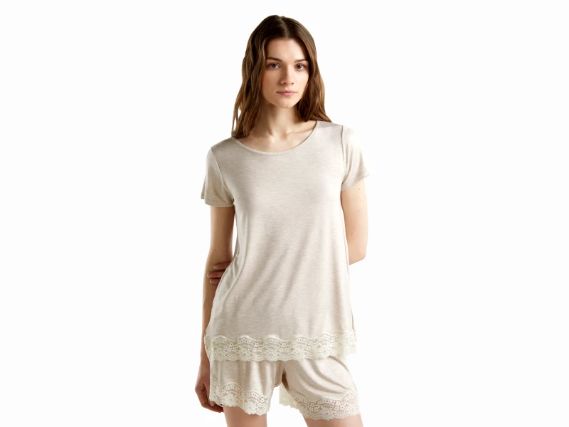 United Colors of Benetton Benetton, Μπλούζα Κοντομάνικη Με Δαντέλα, size L, Μπεζ, Γυναικεία
