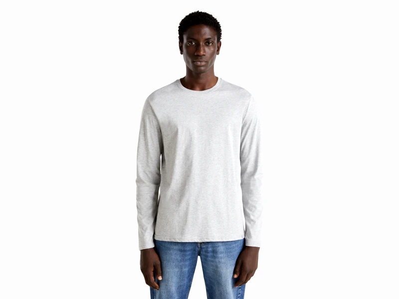 United Colors of Benetton Benetton, T-shirt Μακρυμάνικο Από Αγνό Βαμβακερό, size L, Ανοιχτο Γκρι, Ανδρικά