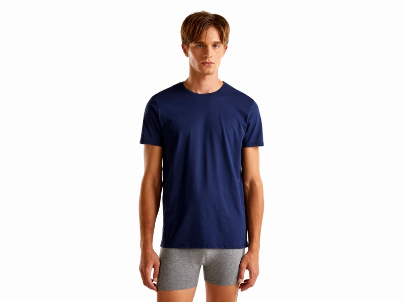 United Colors of Benetton Benetton, T-shirt Από Βαμβακερό Μακριά Ίνα, size XXL, Σκουρο Μπλε, Ανδρικά