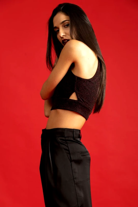 ΟΕΜ Crop Top Lurex Cut Out Μάυρο