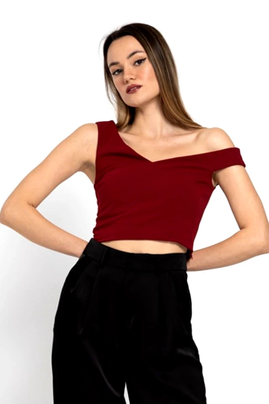ΟΕΜ Crop Top Βυσσινί Με Ασύμμετρη Λαιμόκοψη