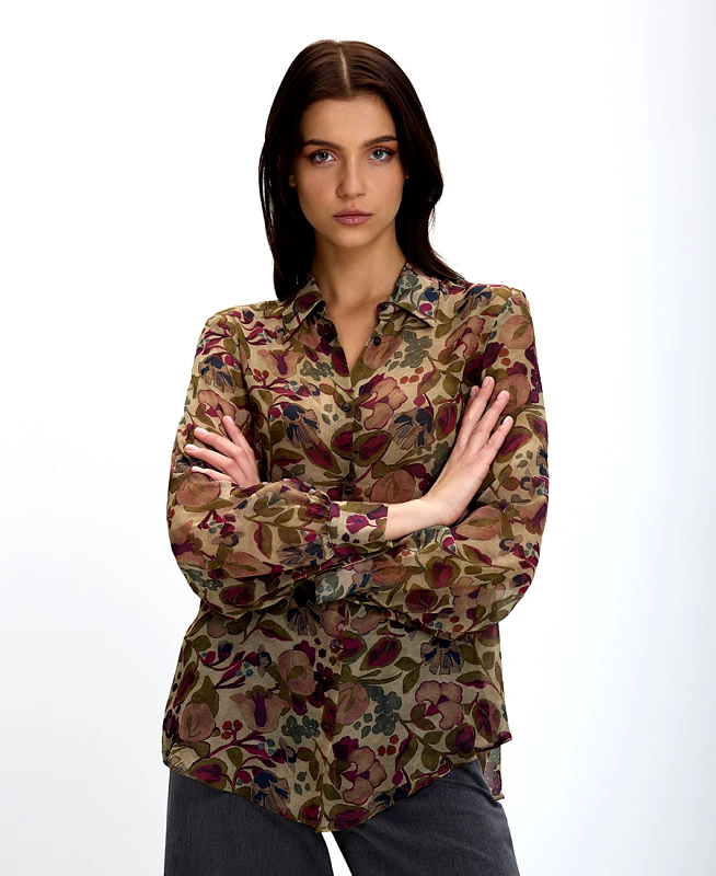 Diana D Γυναικείο Πουκάμισο Floral σε Γήινες Αποχρώσεις Regular Fit