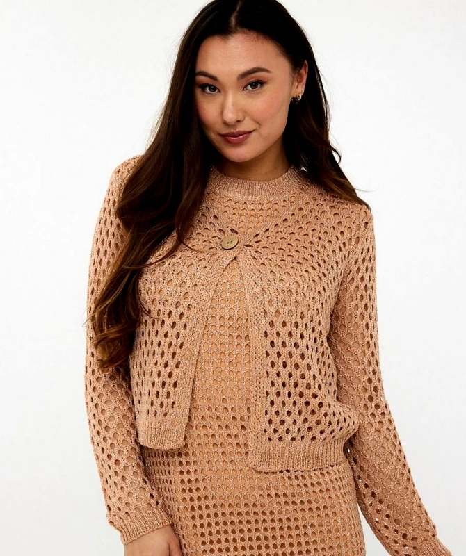 EsQualo EsQualo Γυναικεία Πλεκτή Ζακέτα Lurex με Κουμπί Regular Fit σε Nude