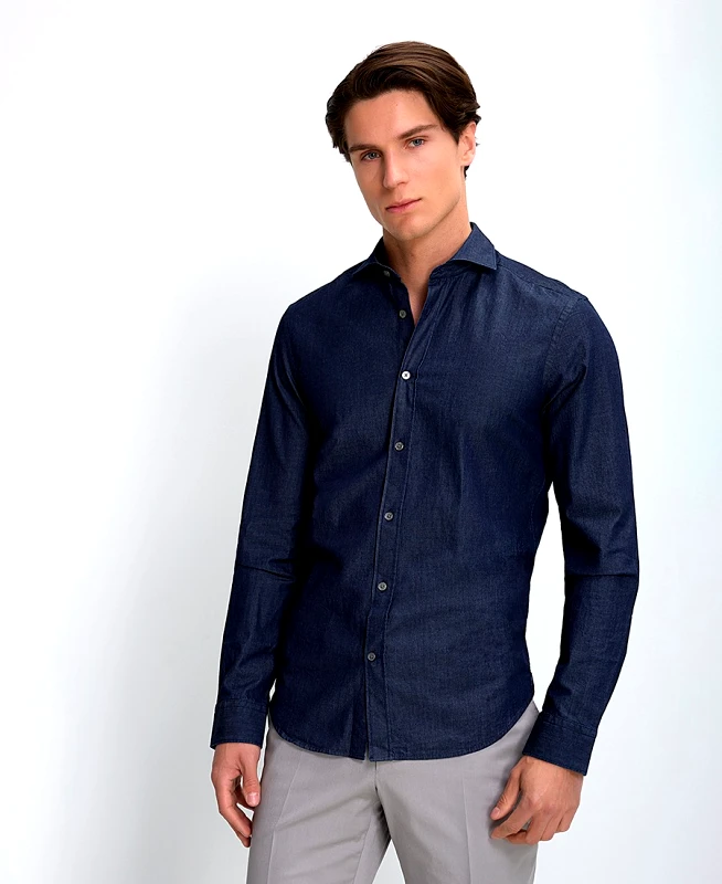 CC Collection Corneliani CC Collection Corneliani Ανδρικό Πουκάμισο Βαμβακερό με Γιακά Semi Rex Modern Fit σε Μπλε