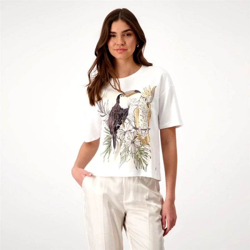 Monari Monari Γυναικείο T-Shirt Regular Fit Με Toucan & Parrot Print Και Λαμπερές Λεπτομέρειες