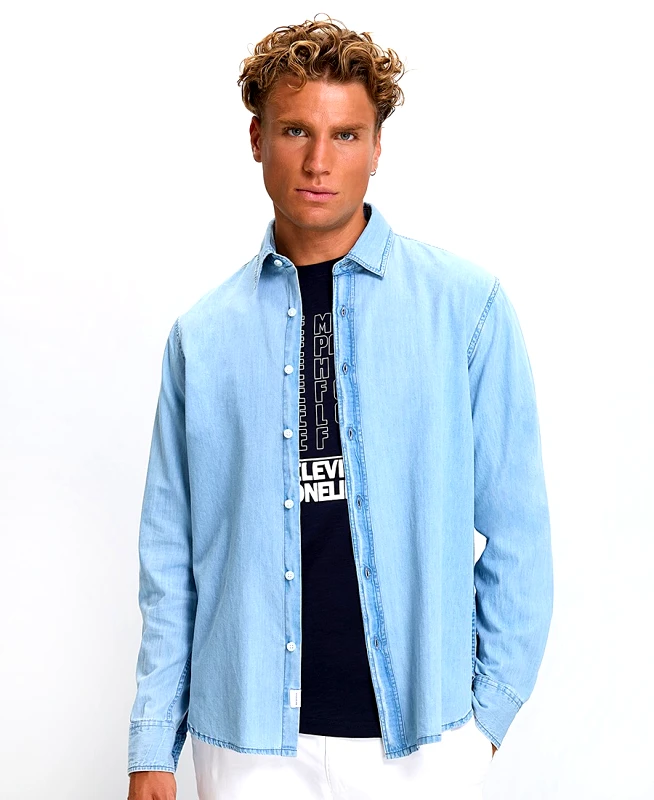 Basefield Ανδρικό Πουκάμισο Βαμβακερό Denim Modern Fit σε Ανοιχτό Μπλε
