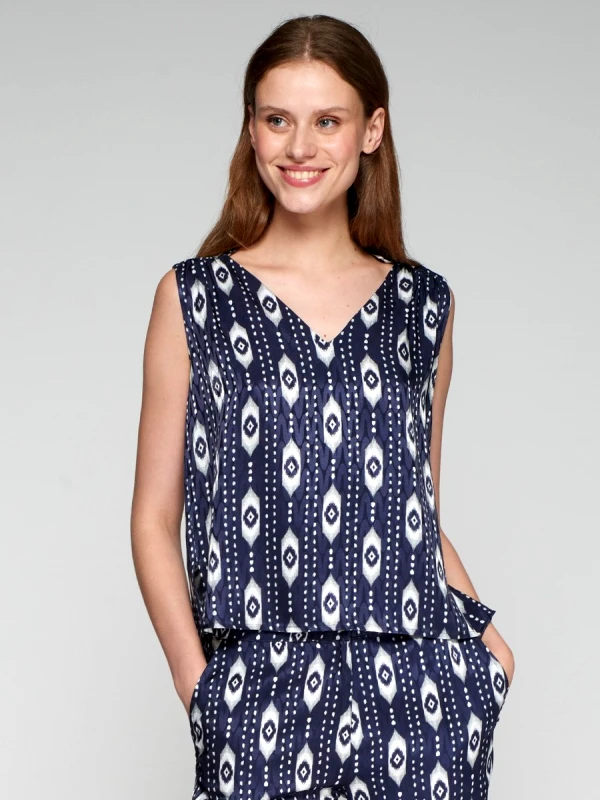 Vilagallo Vilagallo Γυναικείο Αμάνικο Τοπ με Jacquard Ikat Print Regular Fit σε Μπλε
