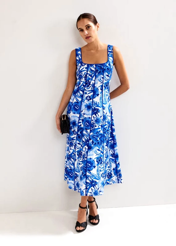 Phase Eight Phase Eight Γυναικείο Midi Φόρεμα με Floral Μοτίβο και Λεπτομέρεια Piping Regular Fit σε Μπλε
