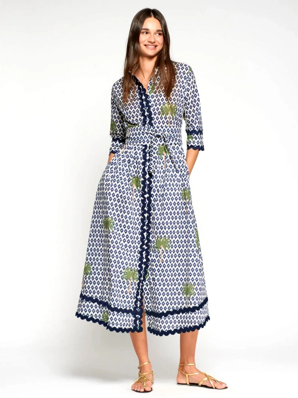 Vilagallo Vilagallo Γυναικείο Φόρεμα Brenda Ikat Palm Print Three Quarter Sleeve Regular Fit