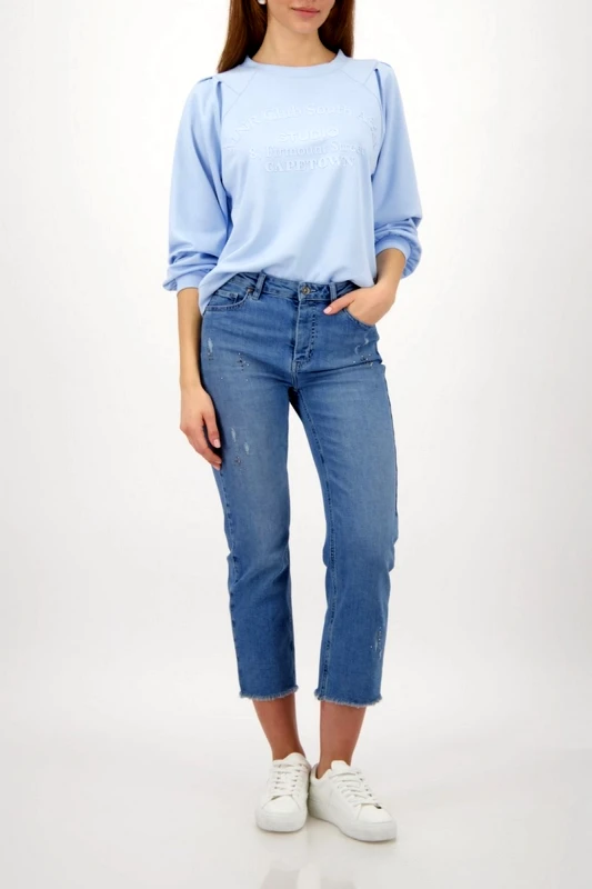 Monari Monari Γυναικείο Denim Παντελόνι Βαμβακερό Με Strass Και Distressed Λεπτομέρειες