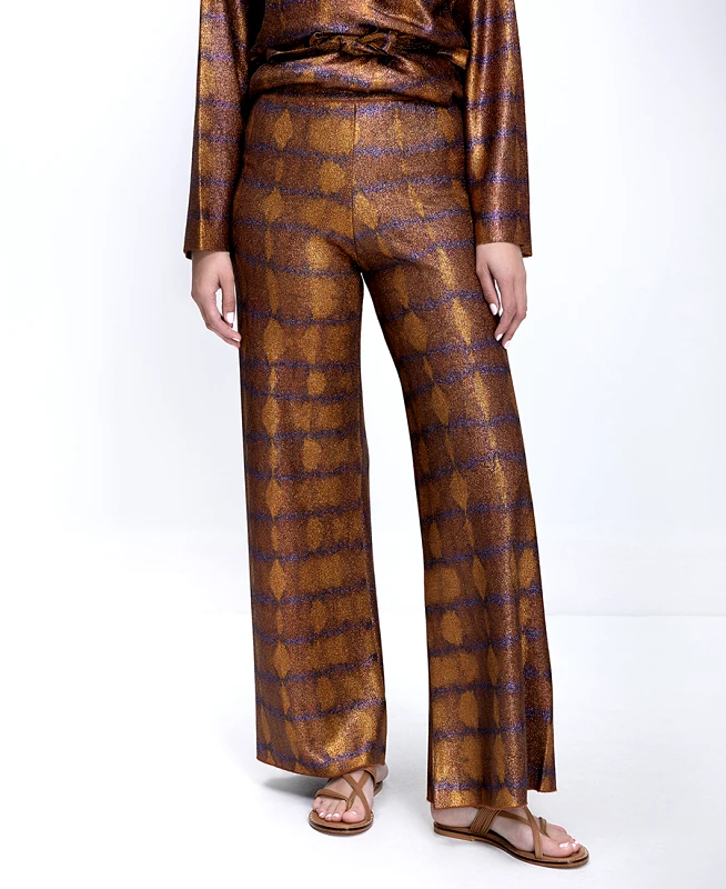Momoni Momoni Γυναικείο Παντελόνι Wide Leg Με Metallic Υφή Και Λάστιχο Στη Μέση