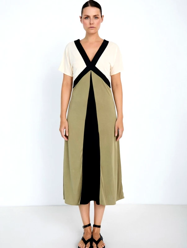Skatie Skatie Γυναικείο Φόρεμα Midi Relaxed Fit Με Tricolor Colorblock Και V Λαιμόκοψη