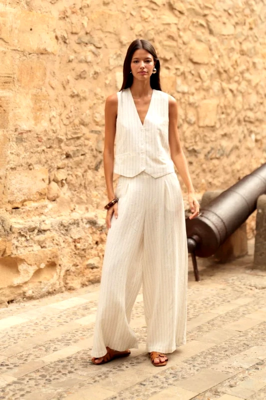 Luna Llena Luna Llena Γυναικείο Παντελόνι Ψηλόμεσο Wide Leg Με Ρίγα Διπλωματική Και Πιέτες