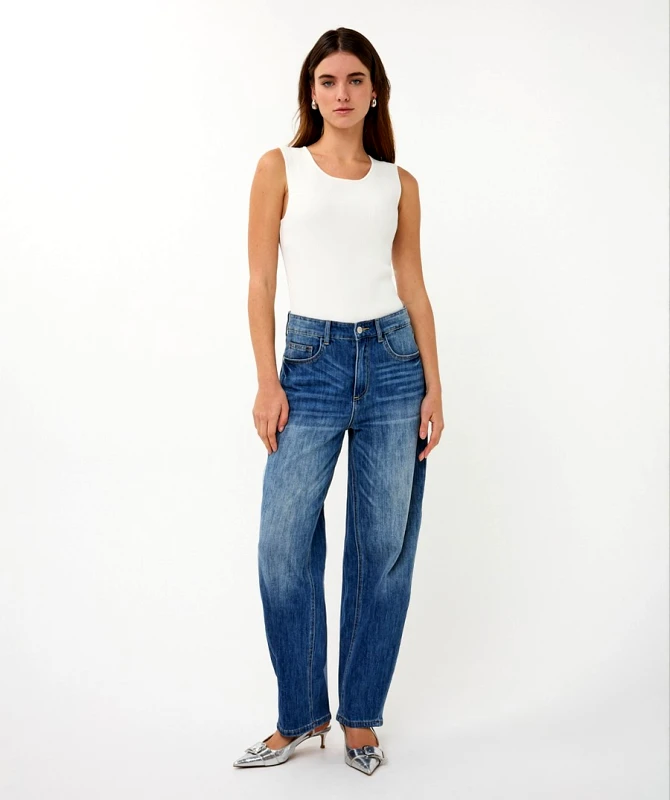 EsQualo EsQualo Γυναικείο Denim Παντελόνι Barrel Fit Με Πεντάτσεπη Σχεδίαση Και Ξεβαμμένο Εφέ