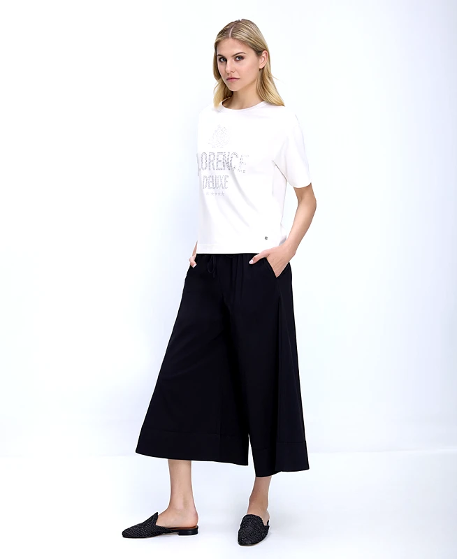 Mina Roo Mina Roo Γυναικείο Παντελόνι Wide Leg Regular Fit Με Ζώνη Και Cropped Μήκος