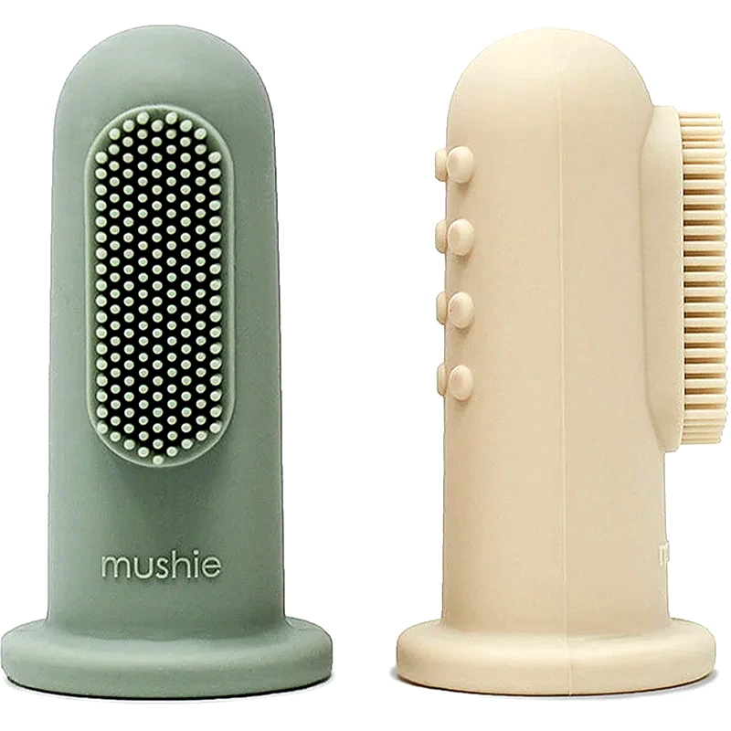 Mushie Mushie Finger Toothbrush Οδοντόβουρτσα σιλικόνης για παιδιά Shifting Sand/Cambridge Blue 2 τμχ