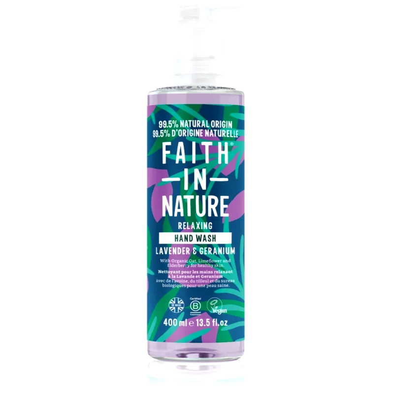 Faith In Nature Faith In Nature Lavender & Geranium φυσικό ρευστό σαπούνι για τα χέρια με άρωμα λεβάντας 400 ml
